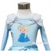 Frozen Light Blue Long Sleeves Top White Ruffles Sparkle Silver Grey Bow & Princess Elsa Print TO365